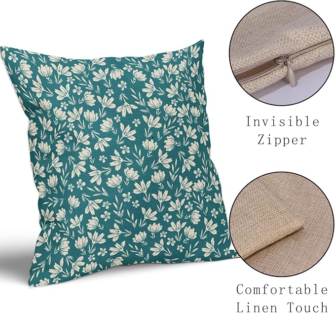 Teal Pillow Covers 18x18 Set of 2 Vintage Floral Rustic Old Style Cute Flower Print Decorative Outdoor Pillowcases Seasonal Farmhouse Throw Cushion Case Decor for Couch Sofa Bed