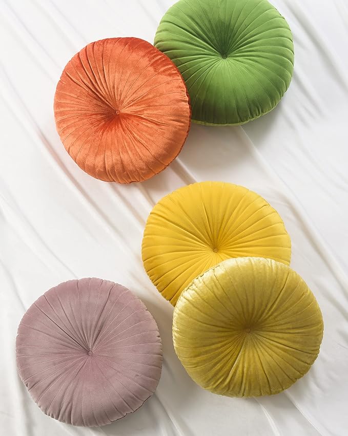 Roslynwood Shelly Round Solid Aqua Velvet Chair Cushion Couch Pumpkin Throw Pillow Home Decorative Seashell Floor Pillow, 16x16 inch