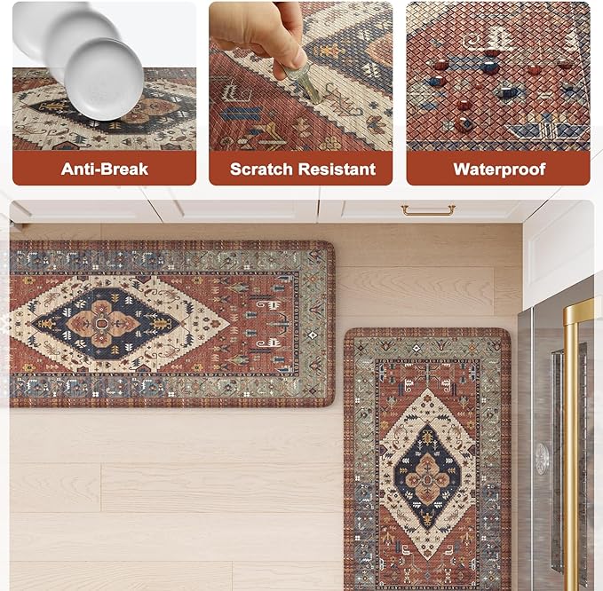 KIMODE Farmhouse Kitchen Mats,Anti Fatigue Kitchen Rugs Sets of 2, Non Slip Waterproof Kitchen Floor Mats, Ergonomic Cushioned Comfort Standing Mat for Laundry, Office, Sink,Desk,Red