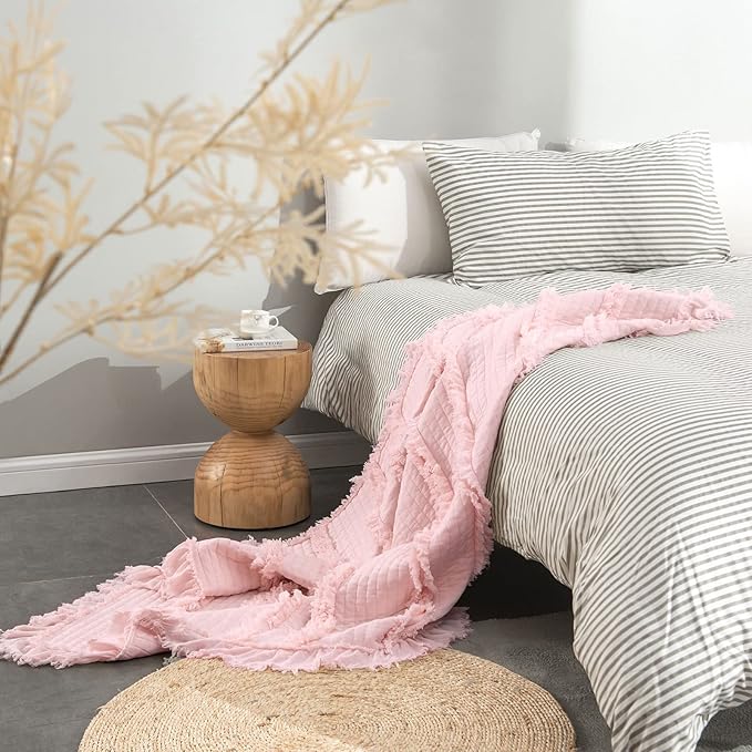 Ultra Soft Pre-Washed Quilted Boho Pink Twin Size Blankets for Bed, Ruffle Fringed Decorative Throw, Stone Washed Chic Rustic Blanket for Sofa Couch Bed, 60"*80"