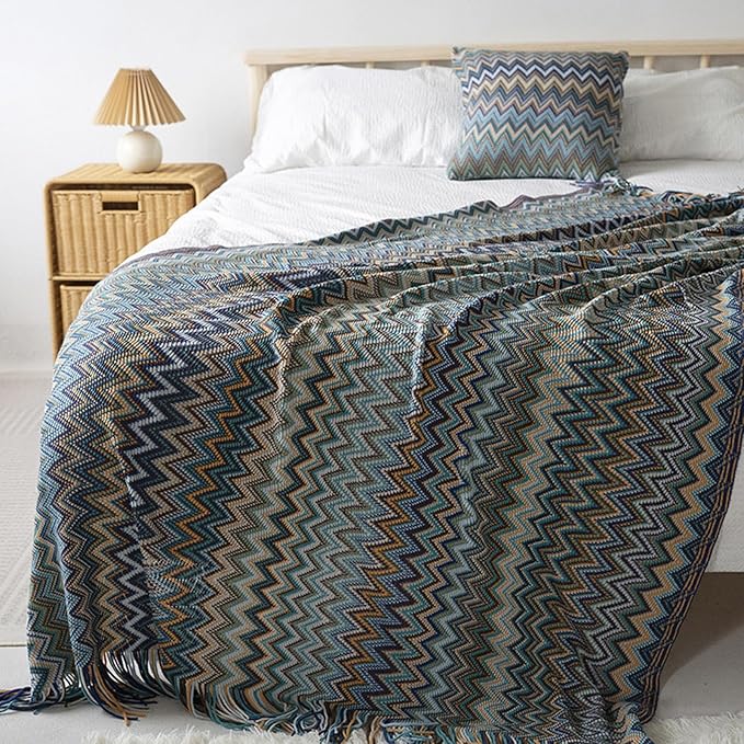 Bohemian Boho Throw Blankets, Knitted with Tassel, Outdoor Reversible Soft Cozy Lightweight Throw Blankets, Couch Bed Sofa Decorative Afghan Throw Blanket All Seasons Blue 50x60 inches