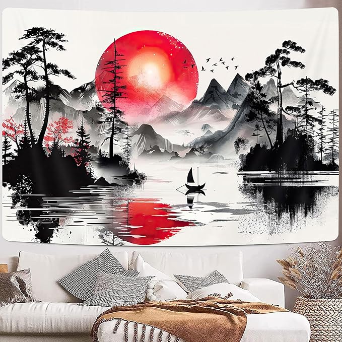 Japanese Red and Black Forest Tapestry, Anime Mountain Tree Sun Aesthetic Tapestry Wall Hanging for Men, Cool Asian Dark Nature Landscape Tapestries Ink Art Decor for Living Room College Dorm, 80X60IN