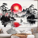 Japanese Red and Black Forest Tapestry, Anime Mountain Tree Sun Aesthetic Tapestry Wall Hanging for Men, Cool Asian Dark Nature Landscape Tapestries Ink Art Decor for Living Room College Dorm, 80X60IN