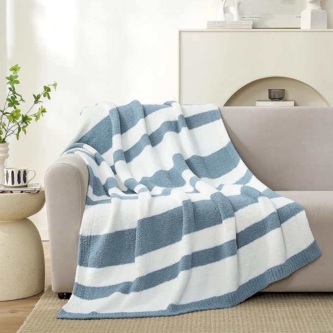 Snuggle Sac Blue Striped Throw Blanket, 50x60 Soft Reversible Fuzzy Knit Throw for Couch, Sofa, Bed, Travel, Cozy Plush Microfiber Blanket for Women & Gift Giving