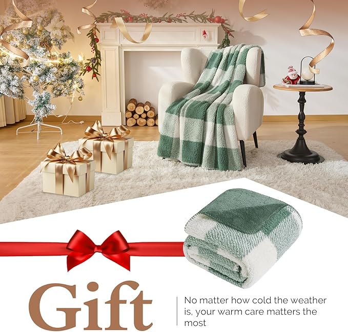 LURKA Checkered Sherpa Fleece Throw Blanket – Soft and Cozy, Medium Weight for All Season, Plush Throw for Couch, Bed, Dorm & Pets, Sage, 60x80 Inches