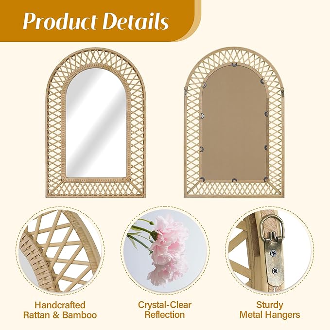 Arched Rattan Wall Mirror – 24x36 Inch Boho Elegance with Woven Frame, Decorative Mirror for Bathroom Vanity Entryway Living Room