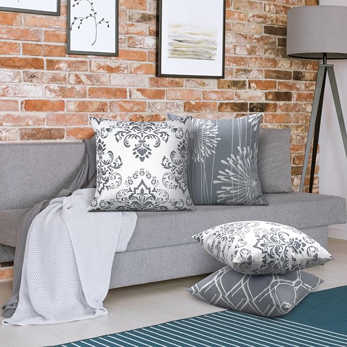 Coliuso Decorative Throw Pillow Covers 16x16 Set of 4, Gray and White Modern Simple Square Pillow Case Cushion Cover for Sofa Couch Farmhouse Outdoor Living Room (Gray and White, 16"x16")