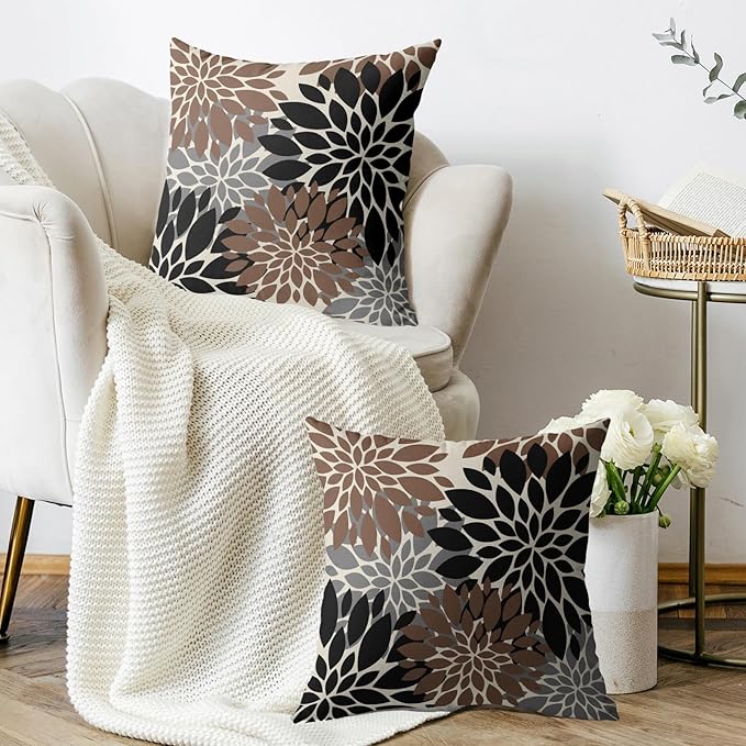 Black Brown Pillow Covers 24X24 Inch Set of 2, Spring Summer Floral Dahlia Flower Cream Decorative Throw Pillow Covers Outdoor Modern Farmhouse Cushion Case for Home Couch Sofa Bed Decor
