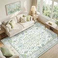 Area Rugs 6'x9' Washable Non-Slip, Floral Vintage Distress Print Pattern Medallion Carpet for Living Room Bedroom Dining Room, Green White Blue