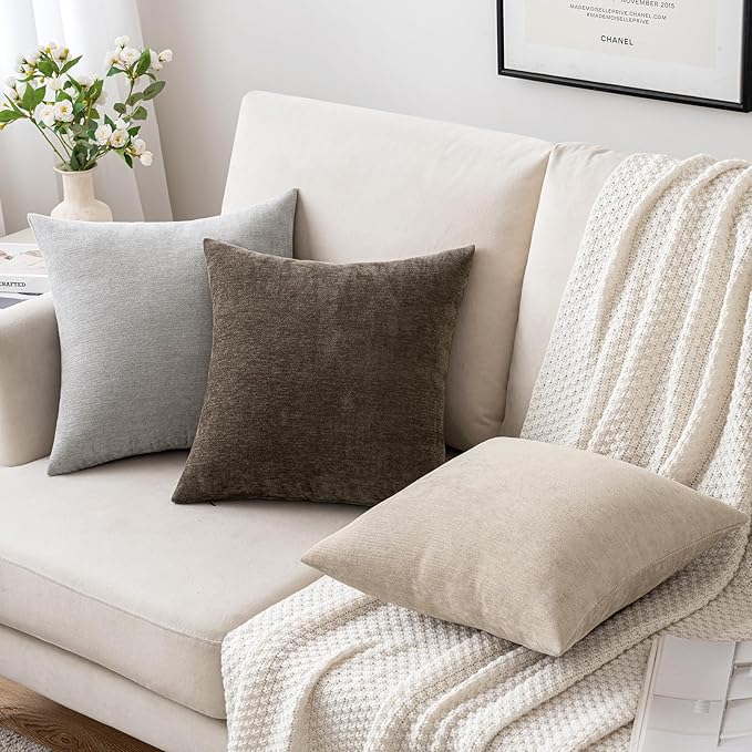 MIULEE Pack of 2 Beige Decorative Pillow Covers 16x16 Inch Soft Chenille Couch Throw Pillows Farmhouse Cushion Covers for Home Decor Sofa Bedroom Living Room