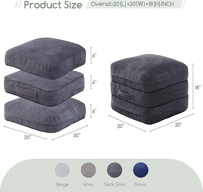HIGOGOGO Pouf Ottoman Stuffed Square Modern Foam Filled Foot Rest Poufs 20 X 18 Inches Modular Ottomans Separated Into Floor Cushions for Living Room Chair Decorative Stool, Dark Grey