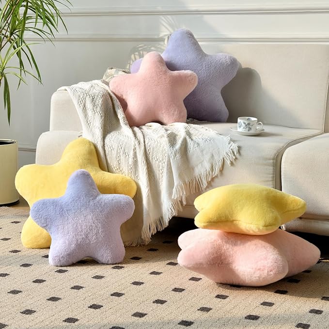 Xiashrk Star Pillow, Decorative Throw Pillows for Bed Couch, 15" Star Shaped Pillow Plush Floor Cushions Room Decor Pillow with Soft Faux Rabbit Fur for Sofa Bedroom Living Room