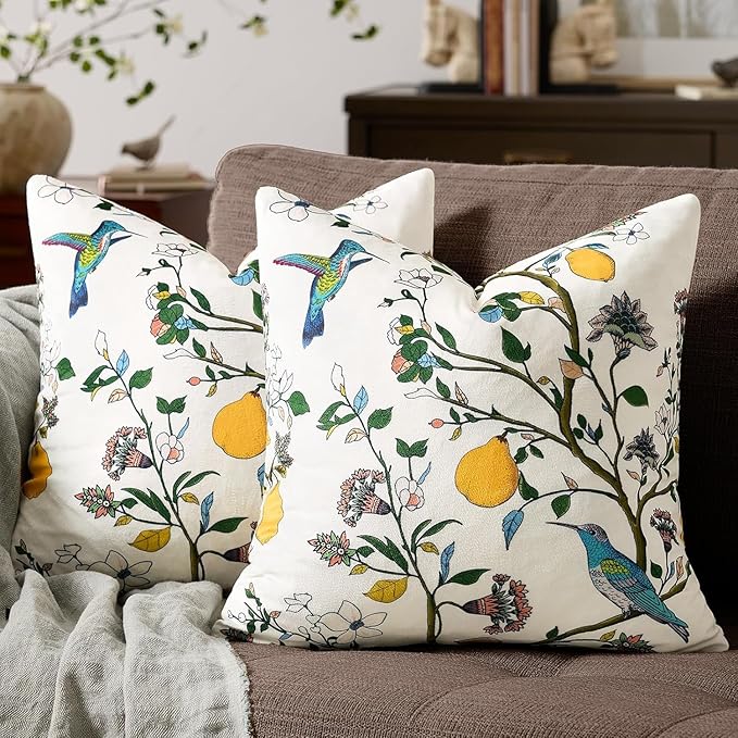 MUSSEL White Velvet Throw Pillow Covers 20x20 Pack of 2, Vintage Floral Pillow Covers, Mid Century Flower Plant Cushion Covers for Sofa Living Room Home Decor