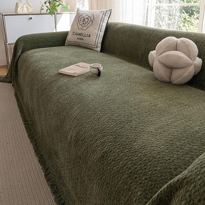 ROOMLIFE Green Couch Cover Sofa Covers, Chenille Couches Covers for 3 Cushion Sofas, Non Slip Soft Breathable Sofa Slipcovers for Pet, Washable Furniture Protector with Tassel,71''X134”