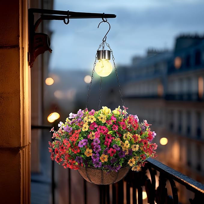Artificial Faux Hanging Plants Flowers Basket for Summer Outdoor Outside Decorations,Fake Silk UV Resistant Look Real,Realistic Ferns for Outdoors for Porch Garden Decor,12 Bundles (Blue Red Purple)