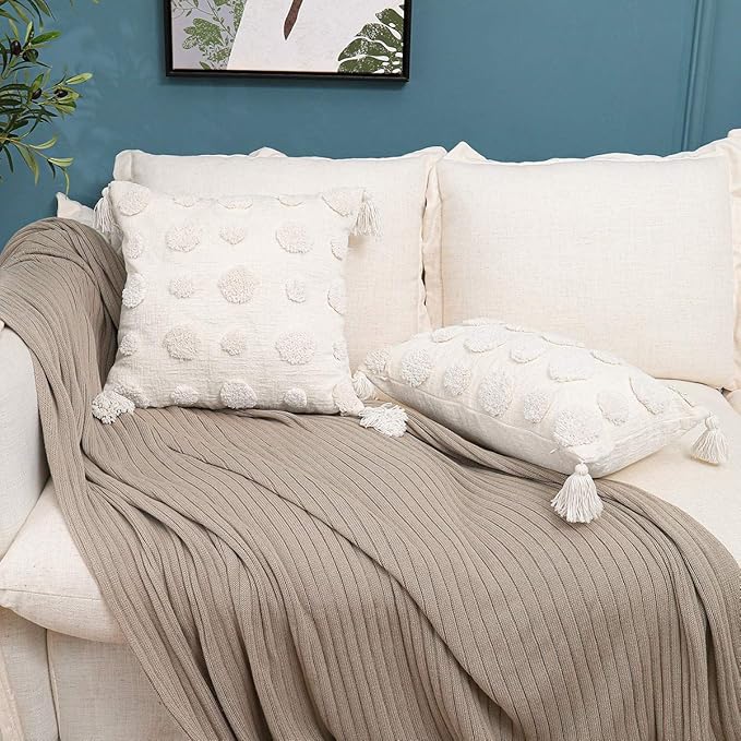 PLWORLD Boho White Lumbar Throw Pillow Cover 12x20 Inch with Tassels, Pom Pom Tufted Cream Chenille Fabric Small Accent Textured Cushion Case for Bed Couch, 1 PC Cover Only No Insert