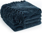 Chenille Throw Blanket for Couch 60"X 80" Twin, Soft Cozy Throws with Fringe Tassel for Bed Sofa Chair Cover, Lightweight Knitted Decorative Boho Blankets for Living Room, Navy Blue