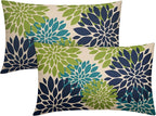 Navy Blue Green Teal Pillow Covers 12X20 Inch Set of 2, Modern Dahlia Floral Print Decorative Rectangle Throw Pillow Covers Outdoor Farmhouse Cushion Case for Home Couch Sofa Bed Decoration