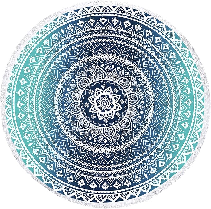 Microfiber Mandala Round Blue Beach Towel Blanket, Oversized Quick Dry Super Absorbent Thick Towel for Pool Swimming Picnic Yoga Mat Wall Decor Tapestry Circle Table Cloth, 59” Bohemian Towel
