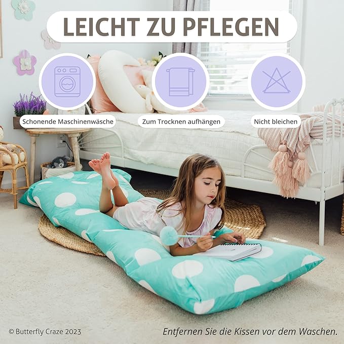 Butterfly Craze Floor Pillow Case, Mattress Bed Lounger Cover, Polka Aqua, Queen Size - Cozy Seating Solution for Kids & Adults, Recliner Cushion, Perfect for Reading, TV Time (Pillow Not Included)