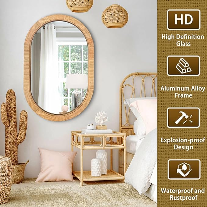 20x30 Oval Rattan Mirror for Wall, Boho Decorative Mirror for Bathroom Vanity, Farmhouse & Natural Home Decor for Bedroom, Living Room