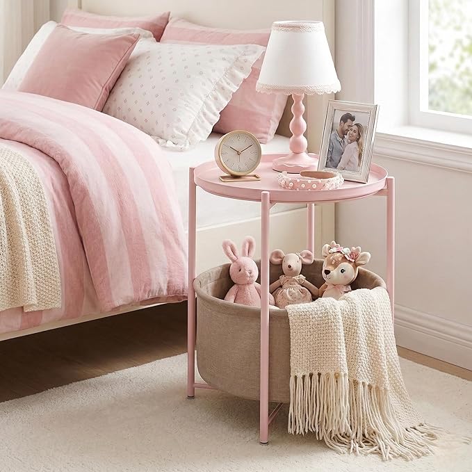 danpinera Round Side Table with Fabric Storage Basket, Metal Side Table Small Bedside Nightstand with Removable Tray Top for Living Room, Bedroom, Nursery, Laundry, Light Pink