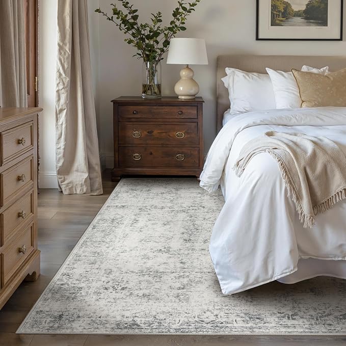 Area Rugs for Living Room Bedroom, Washable Rug, Grey Vintage Abstract Boho Rug, Non Slip & Low Pile Wool Carpet for Indoor Dining Room, Farmhouse, Kids Room and Office(Grey 4x6ft)