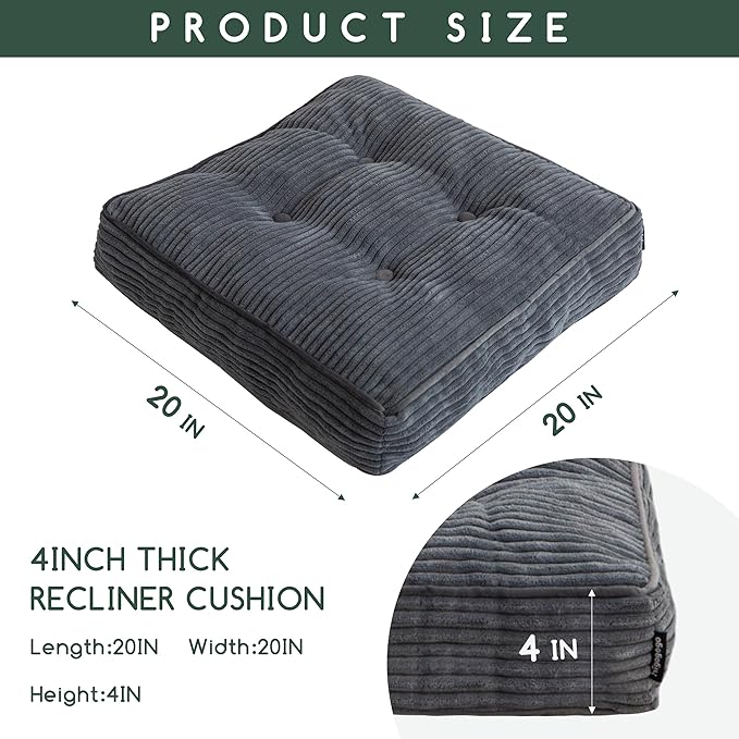 HIGOGOGO Tufted Corduroy Recliner Seat Cushion for Elderly, High Density Foam Large Square Seat Cushion for Recliner Chair, Floor Pillow, Office Chair, Car, No Pressure on Thighs, 20x20x4