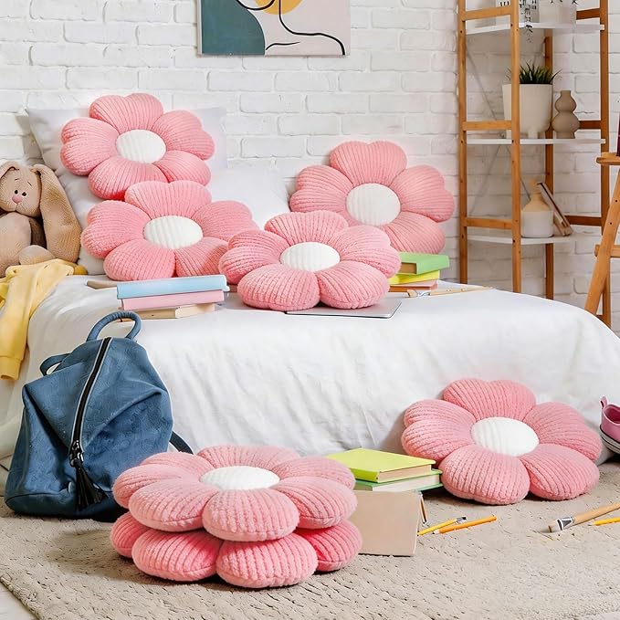 10 Pcs Cute Flower Pillow 15.75 Inch Flower Plush Throw Pillow Aesthetic Decorative Seating Cushion for Spring Back to School First Day of School Sofa Couch Bed Decor (Monochrome,Deep Pink)