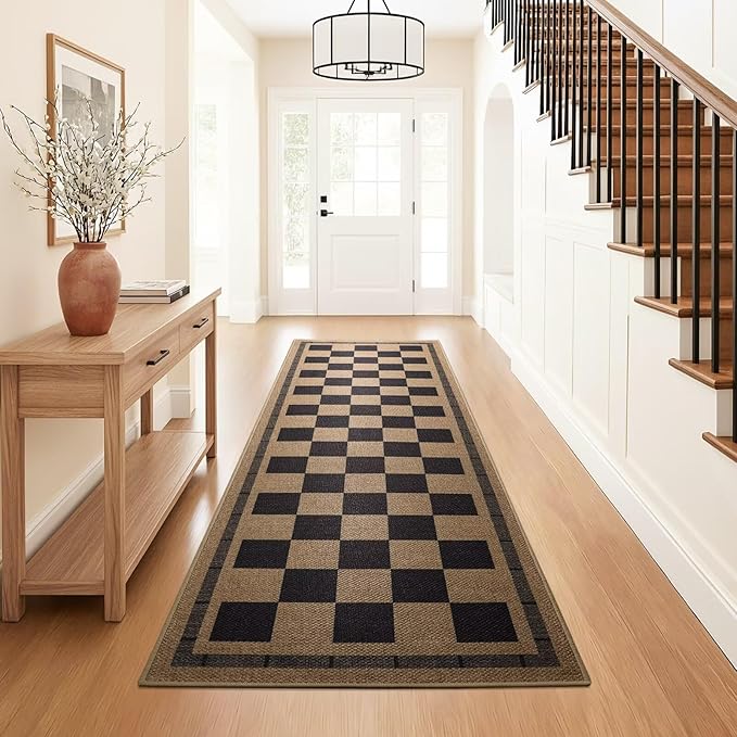 Vasofe 2x6 Runner Rug for Hallway, Washable Checkered Jute Rugs, Outdoor Indoor Patio Porch Balcony Bedroom Kitchen Laundry Geometric Mat, Non Slip Plaid Farmhouse Design Carpet, Black and Brown