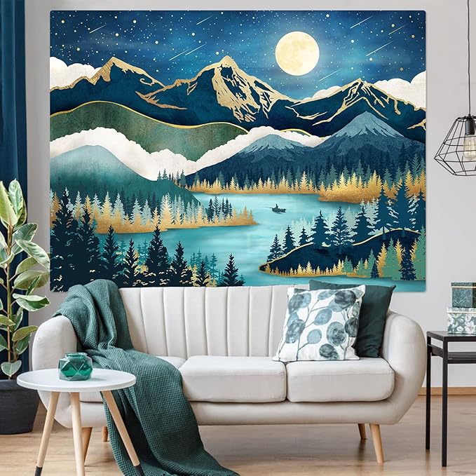 Accnicc Mountain Tapestry Nature Forest Tree Tapestries for Bedroom Aesthetic Starry Night Moon Stars Tapestrys Wall Hanging Teal Abstract Wall Tapestry for Dorm Living Room (Teal, 60'' × 44'')