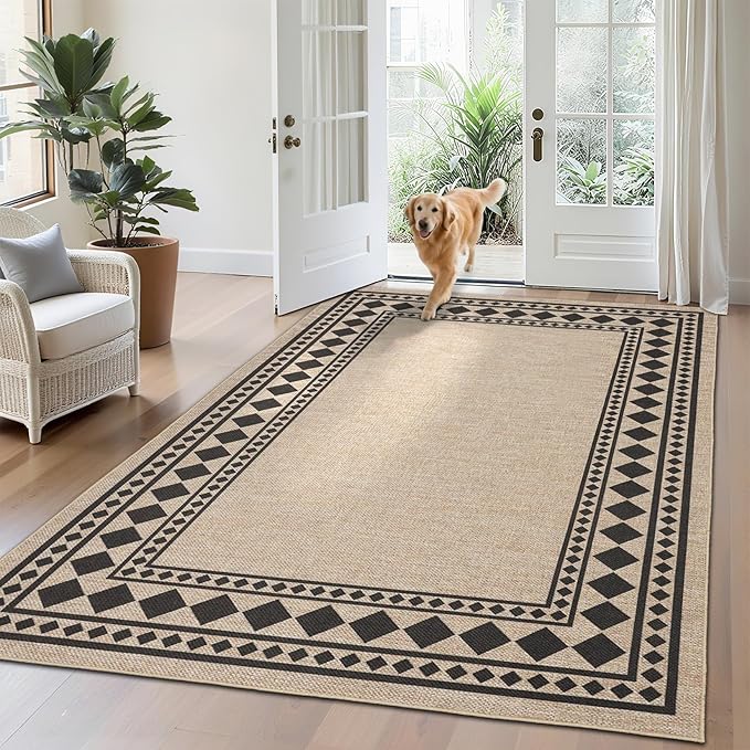 GarveeHome Solid Bordered Easy Jute Rug 5x7 Washable Jute Rugs for Living Room Patio Farmhouse Indoor Outdoor Rug Non Slip Non-Shedding Neutral Rugs for Patio Backyard Dining Room Bedroom, Natural