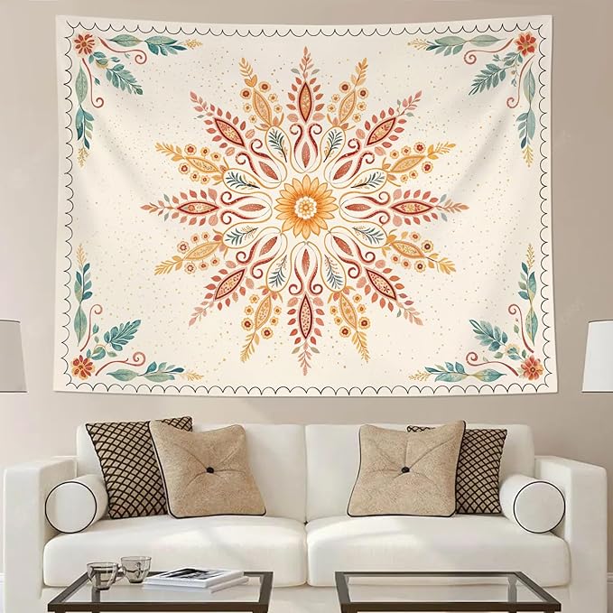 Accnicc Boho Floral Mandala Tapestry for Bedroom Bohemian Flower Wall Tapestry Aesthetic Small Watercolor Yellow Beige Hippie Indian Tapestries Wall Hanging for Living Room Dorm Decor 60 x 44 Inch