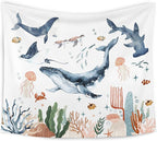 WARDOS Whales Ocean Animal Tapestry, Shark Whale Beach Tapestry Wall Decor, Kids Room Wall Decor, Ocean Sea Animals Wall Blanket Decor for Toddler Kids Nursery Bedroom Playroom, 50x60 Inch