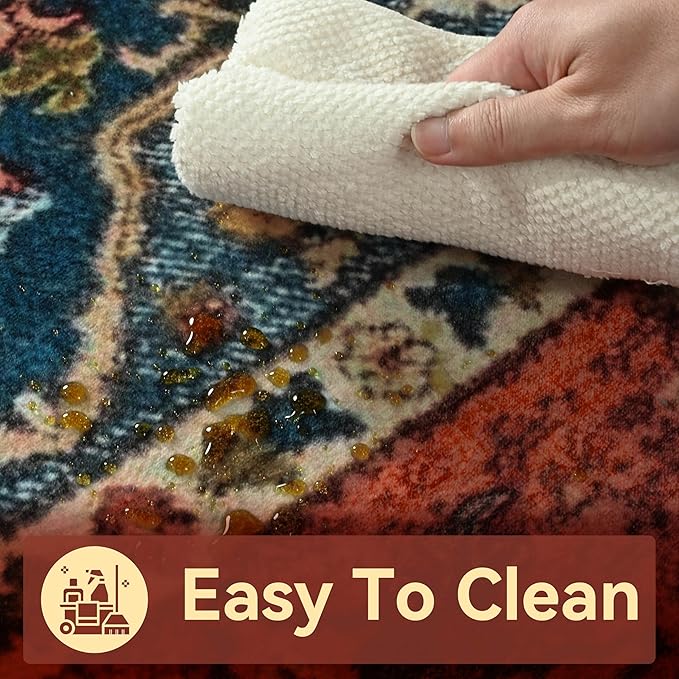 YJ.GWL Area Rugs for Living Room 4x6 Machine Washable Rugs for Bedroom, Non Slip Floral Vintage Rug Indoor Carpet, Stain Resistant Throw Rug for Dining Room Kitchen, Orange-Red