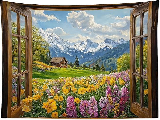 EOBTAIN Garden Window Tapestry Purple Yellow Floral and Cottage on Mountain Tapestry Wall Hanging Green Forest Nature Landscape Wall Art for Bedroom Living Room Dorm Room Decor,60x40 Inch