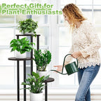 5 Tier Wood Tall Plant Stand Metal Rack Indoor, Multiple Flower Pot Holder Shelves Corner Rack, Round Planter Shelf Display Rack Storage Organizer for Patio Living Room Balcony(Black Oak)