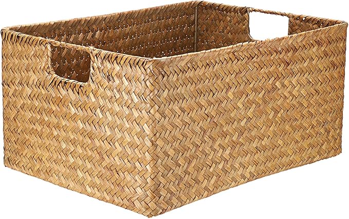Hipiwe Seagrass Storage Baskets Bin for Shelf,X-Large Handwoven Wicker Baskets Built-in Handles Rectangular Closet Bedroom Organizer Box Multipurpose Pantry Basket,Caramel Color