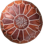 Stuffed Round Design Moroccan Leather Pouf Ottoman, Handmade, Pre-Filled, 100% Genuine Leather, 13” Height x 20” Diameter, Footstool & Living Room Décor (Dark Tan)