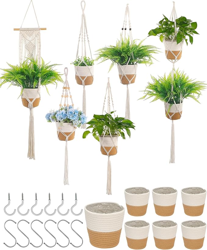 Janinka 7 Pack Hanging Planter Basket Set, Cotton Rope Macrame Woven Plant Hanger, Indoor Plant Boho Hanger Basket, Hanging Wall Plants Flower Pots with Hooks for Outdoor Home Decorations