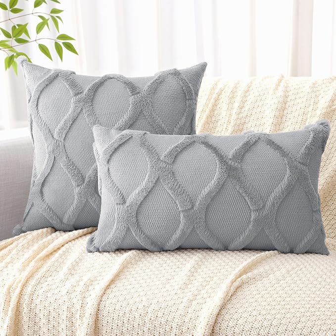decorUhome Spring Throw Pillow Covers 20x20 Inch Set of 2, Soft Plush Faux Fur Wool Grey Accent Couch Pillow Covers for Modern Farmhouse Bed Sofa Living Room