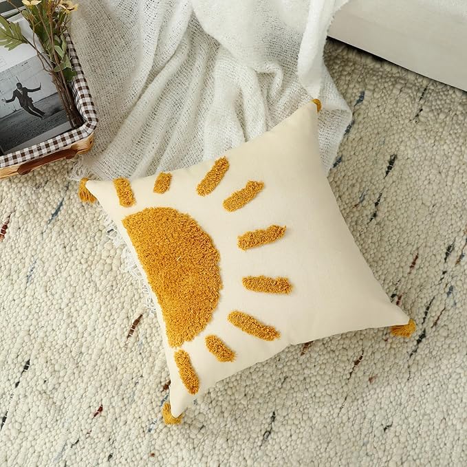 Boho Throw Pillow Covers 18x18, Woven Tufted Sun Decorative Pillow Covers with Tassels Moroccan Modern Pillowcase for Sofa Bedroom Living Room Home Decor, Yellow