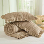 WONGS BEDDING Khaki Comforter Set King,3 Pieces Ruffle Farmhouse Shabby Chic Comforter for King Bed,Soft Textured Boho Bedding Set with 1 Ruffle Comforter,2 Tufted Pillowcases 104"×90"