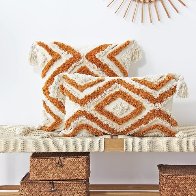 JOJUSIS Boho Lumbar Throw Pillow Covers with Handmade Tassels Decorative Woven Tufted Orange Pillowcase for Couch Bedroom 12 x 20 Inch Orange B