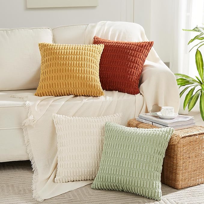 Fancy Homi 4 Packs Boho Fall Big Decorative Throw Pillow Covers 24x24 Inch for Living Room Couch Bed, Rustic Farmhouse Home Decor, Soft Plush Striped Corduroy Colorful Square Cushion Case 60x60 cm
