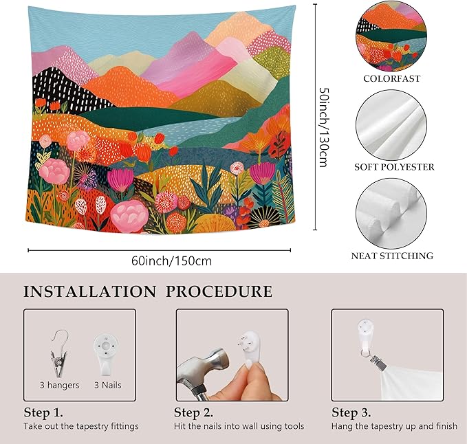 MNASAIOO Colorful Mountian Floral Wall Tapestry Hanging for Bedroom, Trendy Landscape Tapestries, Retro Abstract Wall Decor Banner for Living Girly Room Dorm 50x60in
