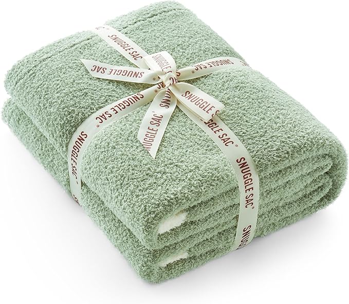 Snuggle Sac Ultra Soft Throw Blanket for Couch Bed Sofa 50x60 inches, Reversible Sage Green Blanket Microfiber Fluffy Fuzzy Cozy Knit Throws for Women Mothers Birthday Gifts