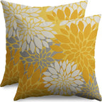 Yellow Cream Grey Gray Pillow Covers 16X16 Inch Set of 2, Modern Dahlia Floral Print Decorative Throw Pillow Covers Outdoor Farmhouse Cushion Case for Home Couch Sofa Bed Decoration