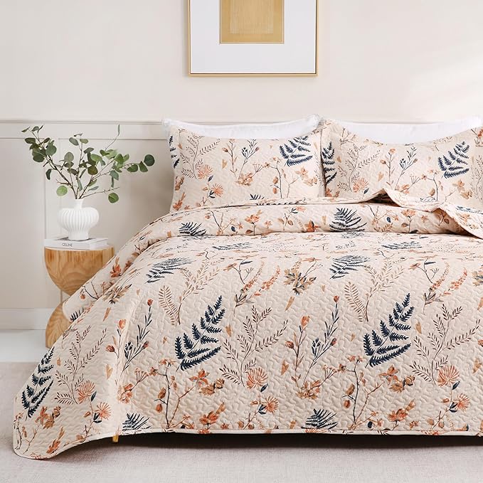 JSD Floral Quilt Set Full/Queen Size, 3 Piece Printed Bedspreads Coverlet with Pillow Sham, Soft Microfiber Quilted Blanket