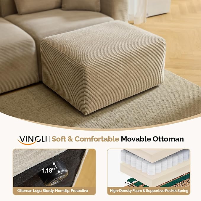 VINGLI Movable Ottoman for Corduroy Cloud Sectional Couches,Khaki